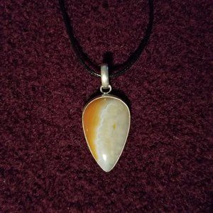 Sardonyx gemstone pendant, silver plate, black cord, artisan, unisex, new